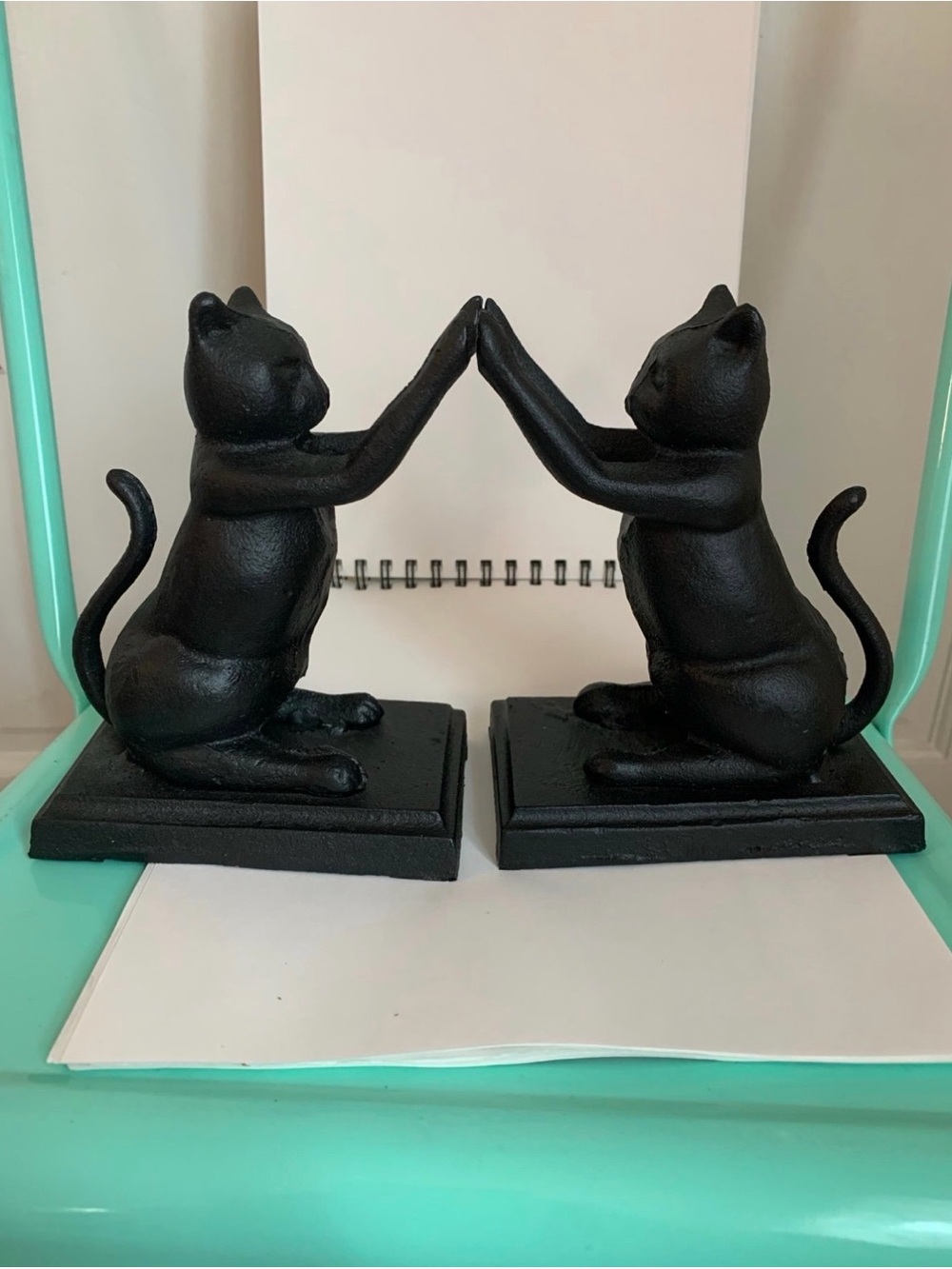Vintage Cast Iron Bookends Black Cats Kittens on Base-Set of 2